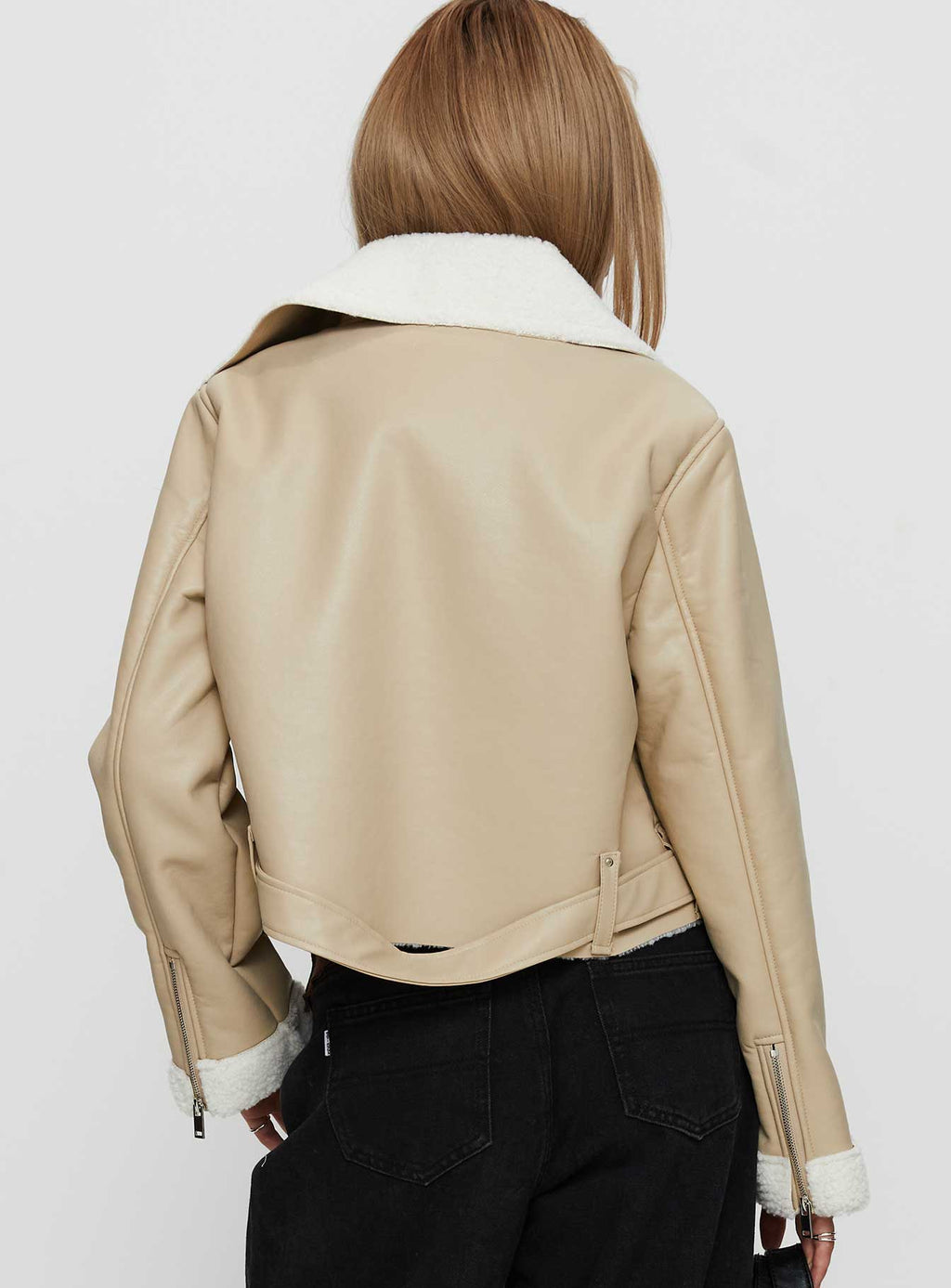 Shearling Trim Faux Leather Jacket Beige