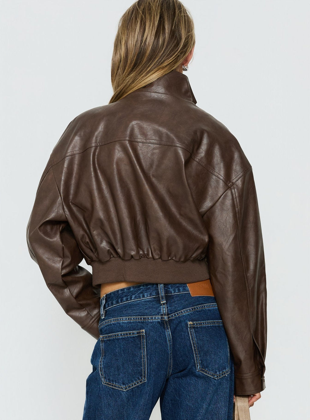 Ace Player Funnel Neck Faux Leather Jacket Brown Petite