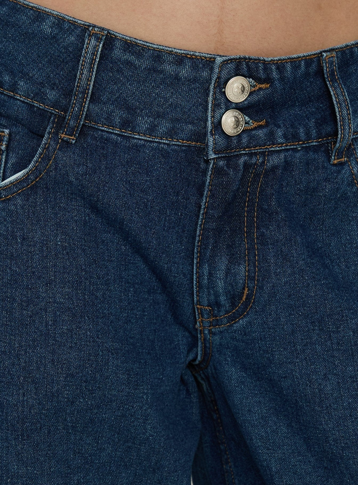Ramos Low Rise Double Button Wide Leg Denim Jeans Dark Indigo