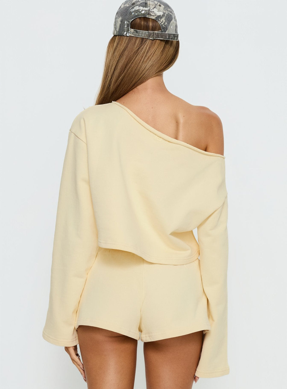 Retreat Raw Edge Off Shoulder Sweatshirt Buttercream