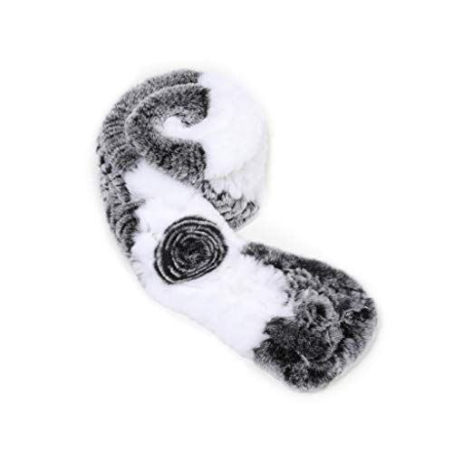 Fur Story Womens Rex Rabbit Fur Scarf Ladies Winter Warm Knitted Flowers Crochet Fashion Scarf Scarves for Women Men(FS19503A-Gray White)