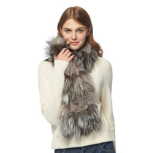 Womens Rex Rabbit Fur Scarf Ladies Winter Warm Knitted Flowers Crochet Fashion Scarf Scarves for Women Men Fur Story FS19502