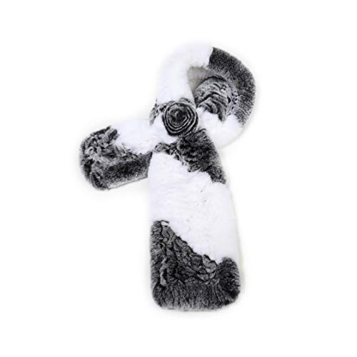 Fur Story Womens Rex Rabbit Fur Scarf Ladies Winter Warm Knitted Flowers Crochet Fashion Scarf Scarves for Women Men(FS19503A-Gray White)