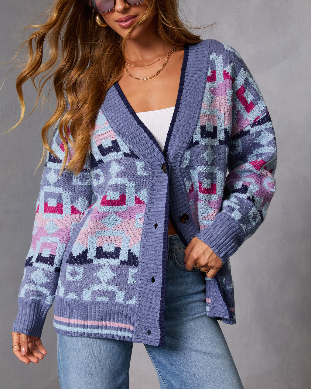 Maristella Intarsia Knit Button Down Cardigan