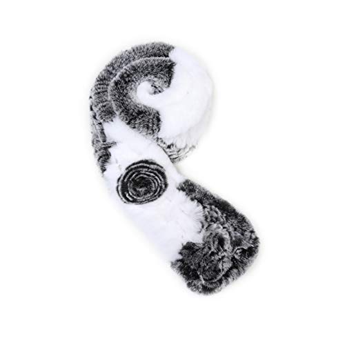 Fur Story Womens Rex Rabbit Fur Scarf Ladies Winter Warm Knitted Flowers Crochet Fashion Scarf Scarves for Women Men(FS19503A-Gray White)