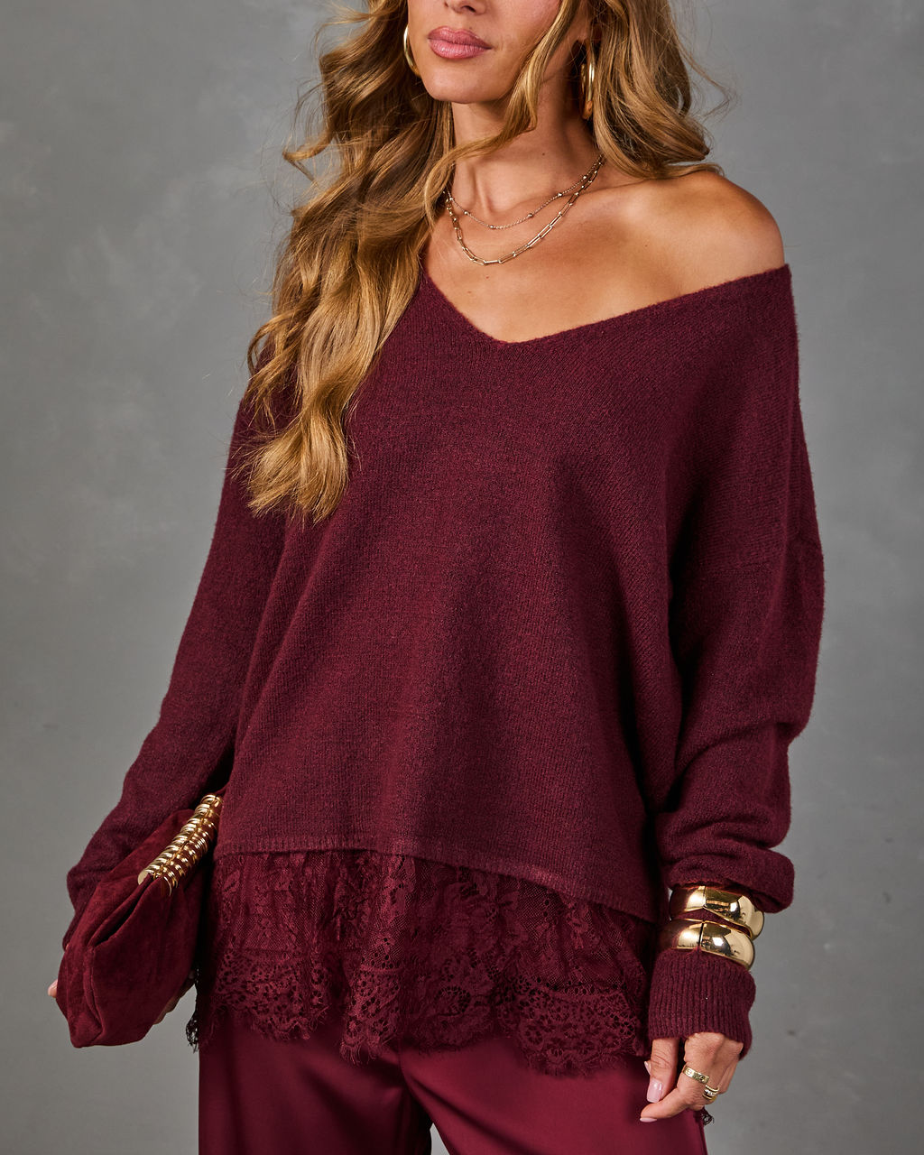 Darling Dream Knit V Neck Lace Trim Sweater