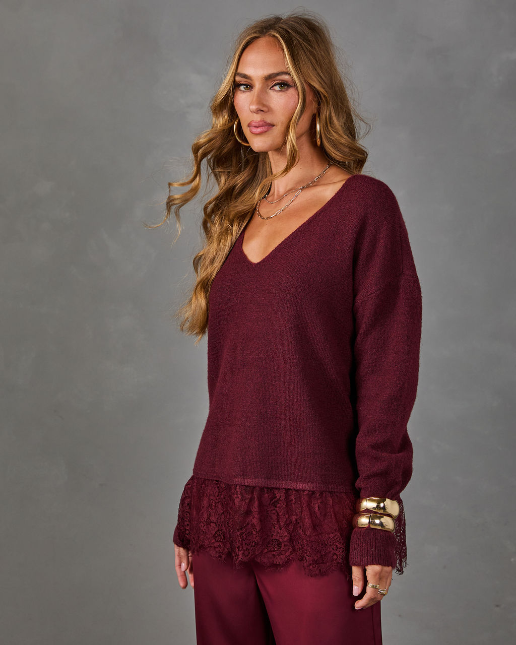 Darling Dream Knit V Neck Lace Trim Sweater