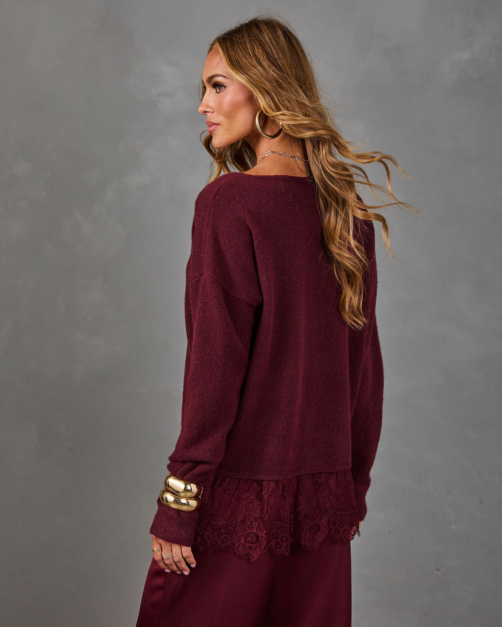 Darling Dream Knit V Neck Lace Trim Sweater