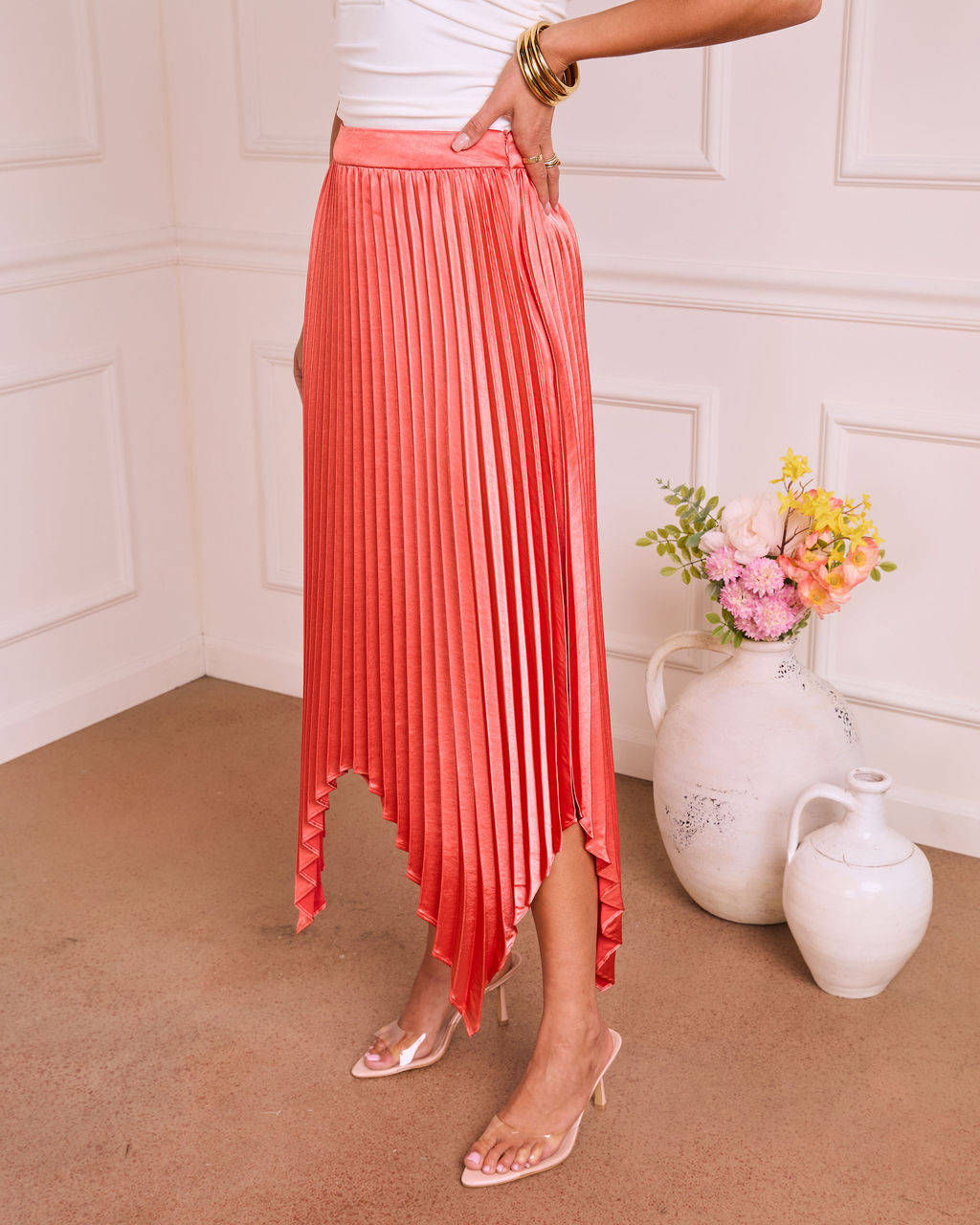Graceful Affair Pleated Satin Midi Skirt