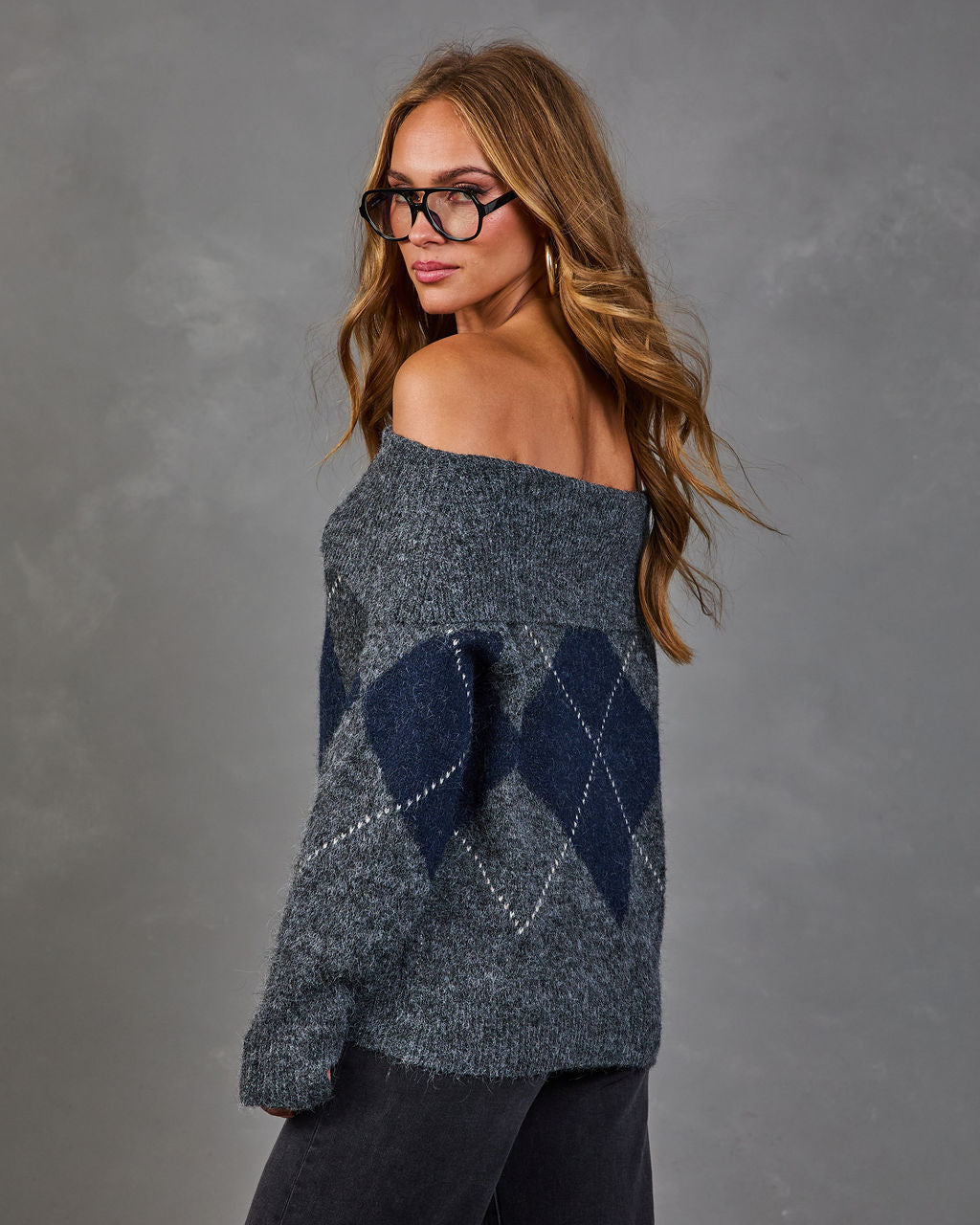 Alec Off the Shoulder Knit Argyle Sweater