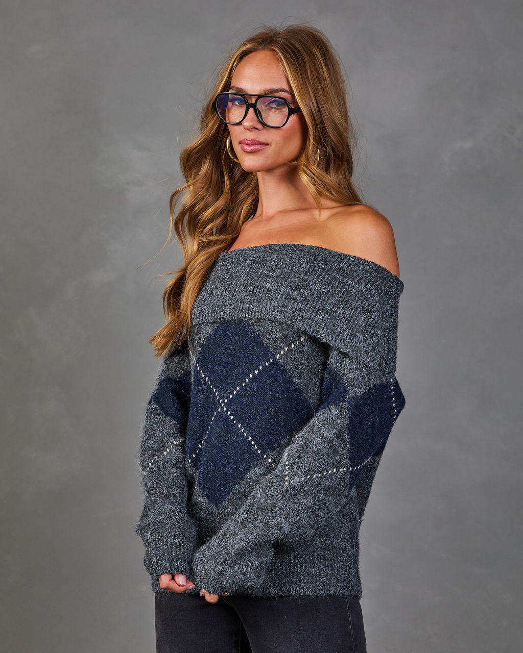 Alec Off the Shoulder Knit Argyle Sweater