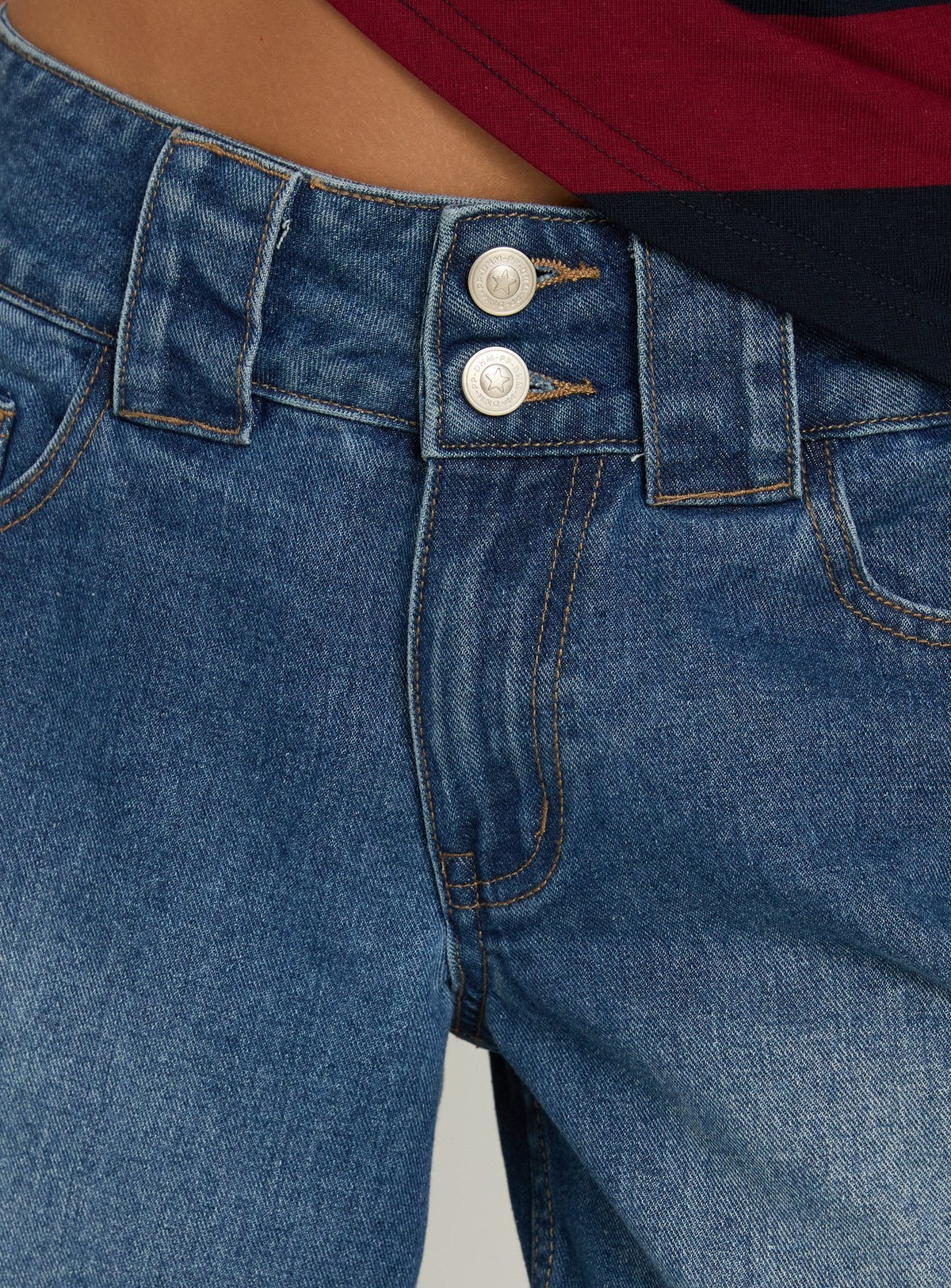 Ramos Low Rise Double Button Distressed Wide Leg Denim Jeans Mid Blue