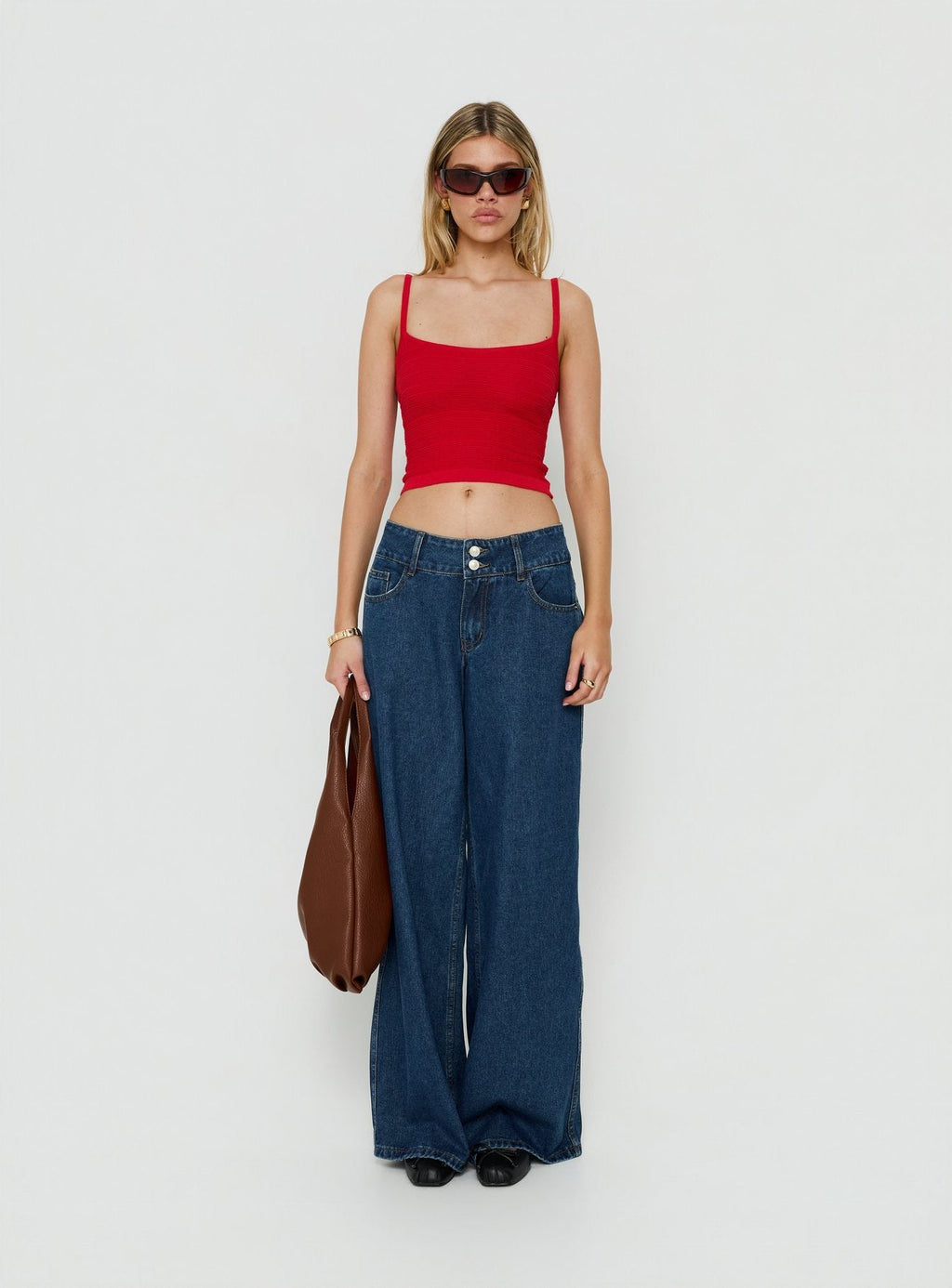 Ramos Low Rise Double Button Wide Leg Denim Jeans Dark Indigo