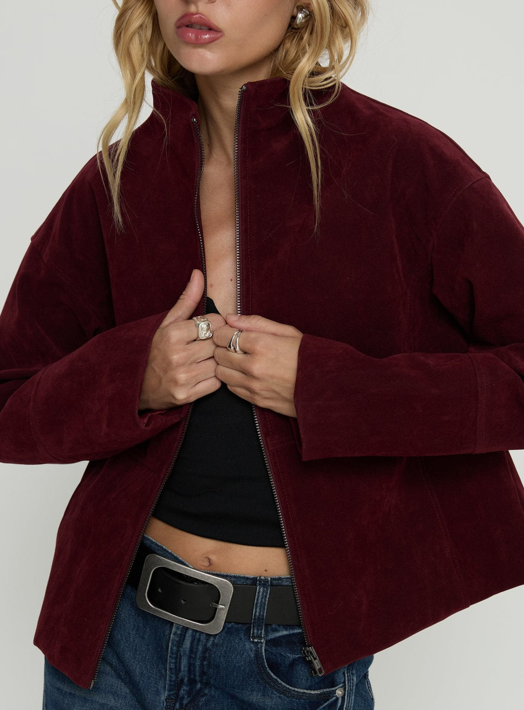 Jessalynn Faux Suede Zip Through Jacket Burgundy