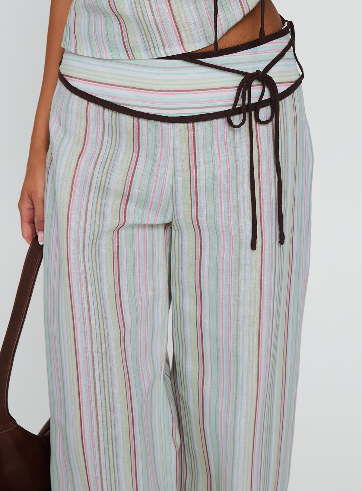 Taylar Thick Waistband Tie Pants Green Stripe