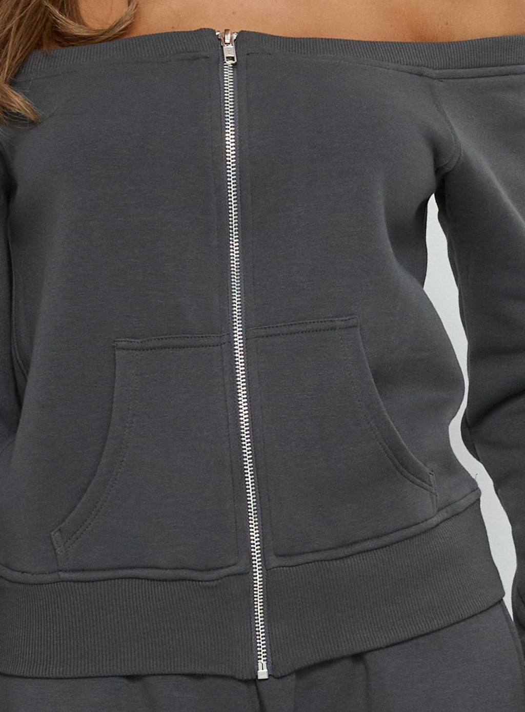 Airazo Off Shoulder Zip Through Sweatshirt Grey