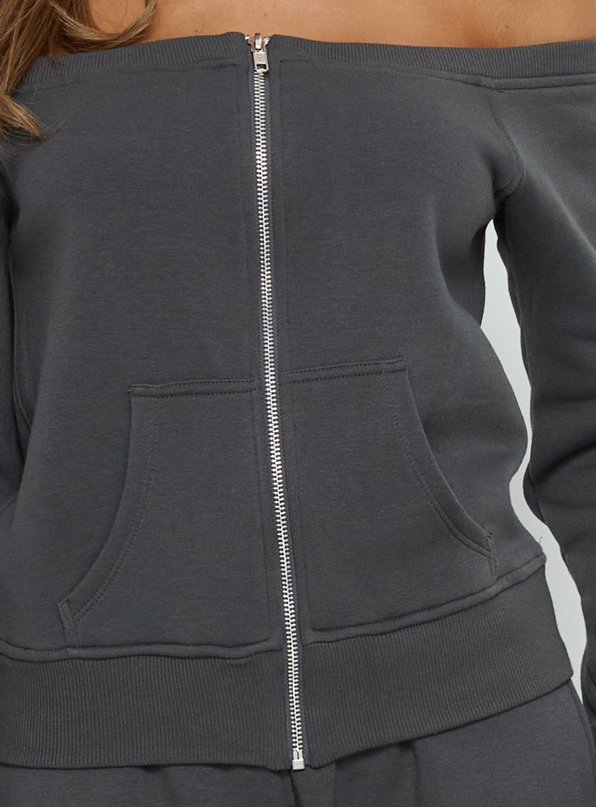 Airazo Off Shoulder Zip Through Sweatshirt Grey