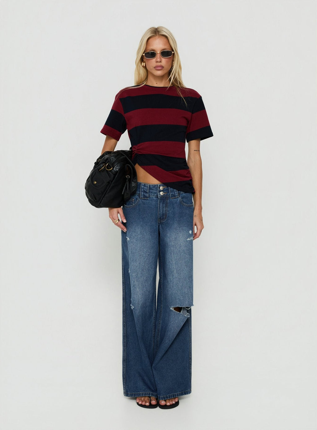 Ramos Low Rise Double Button Distressed Wide Leg Denim Jeans Mid Blue