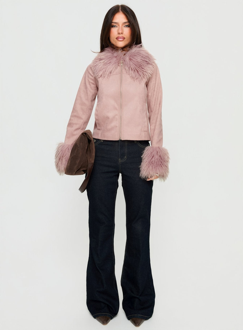 Jeanna Suede Faux Fur Detail Jacket Pink