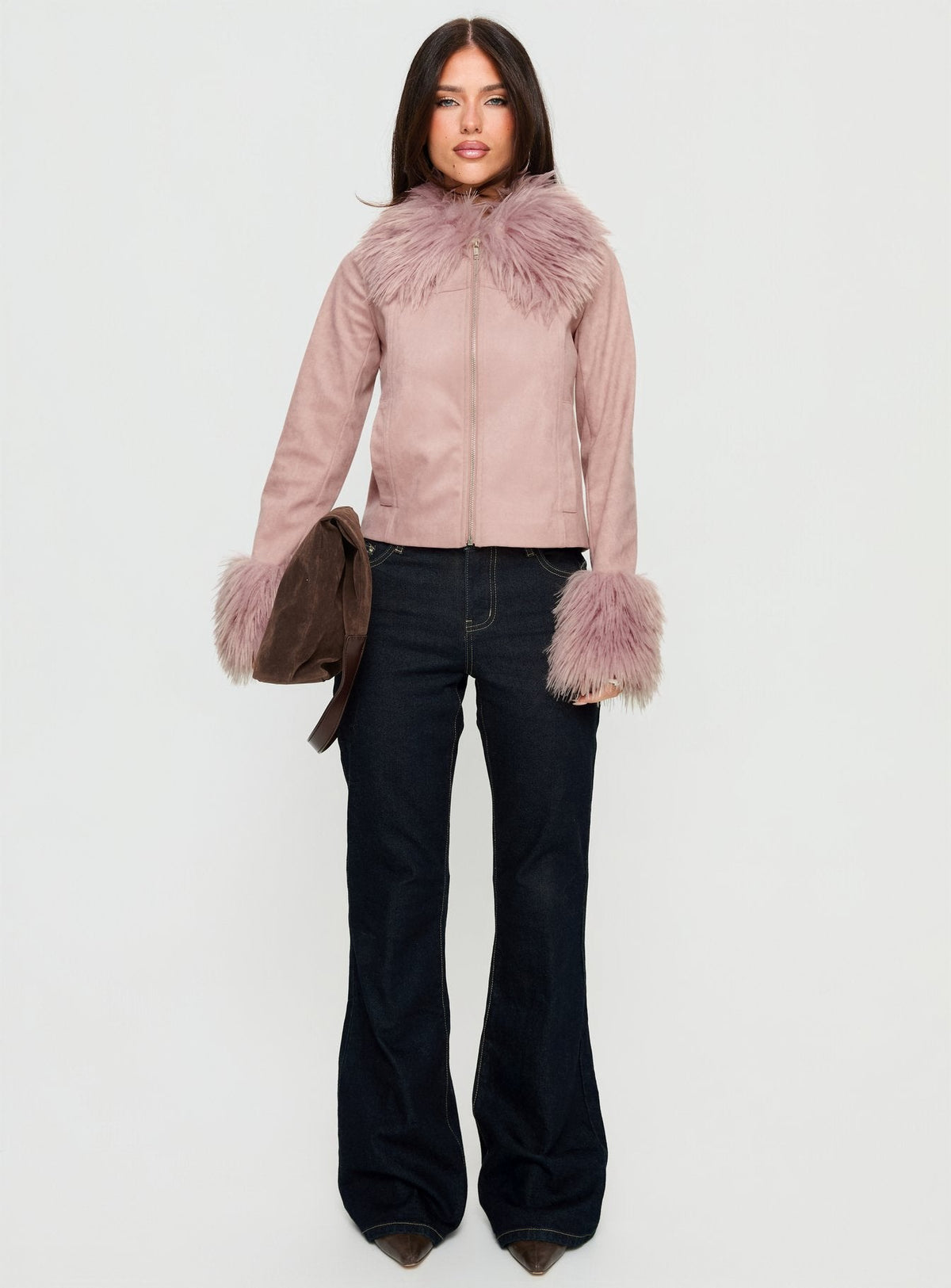 Jeanna Suede Faux Fur Detail Jacket Pink