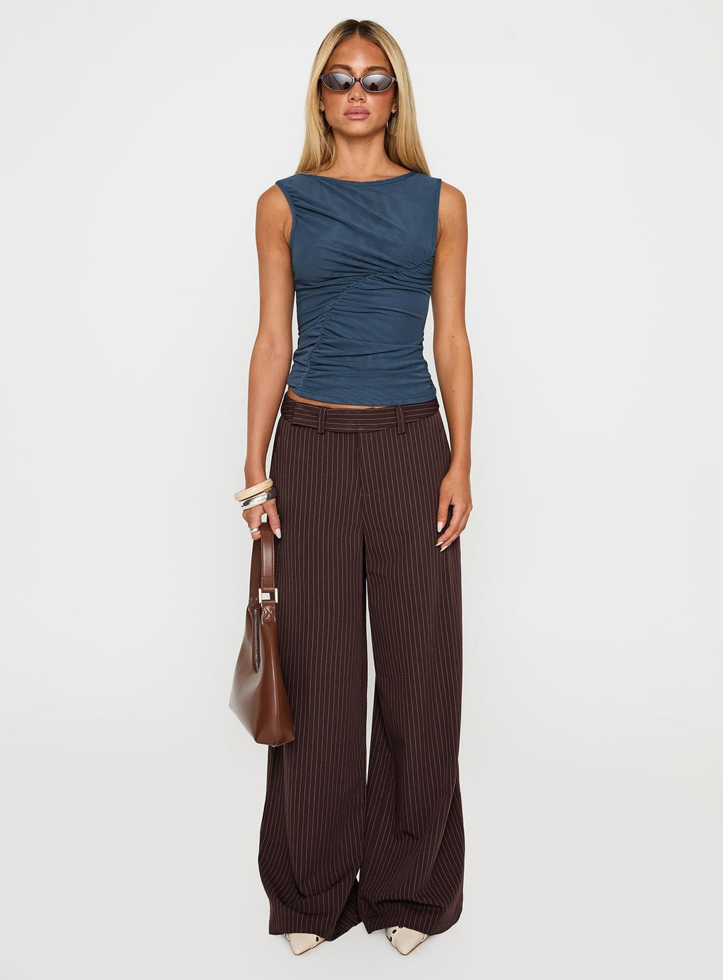 Lustre Wide Leg Pant Brown Pinstripe