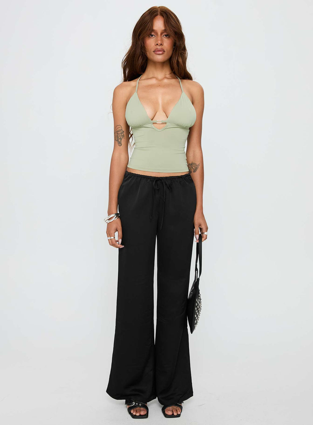 Vanille Tie Waist Satin Pants Black