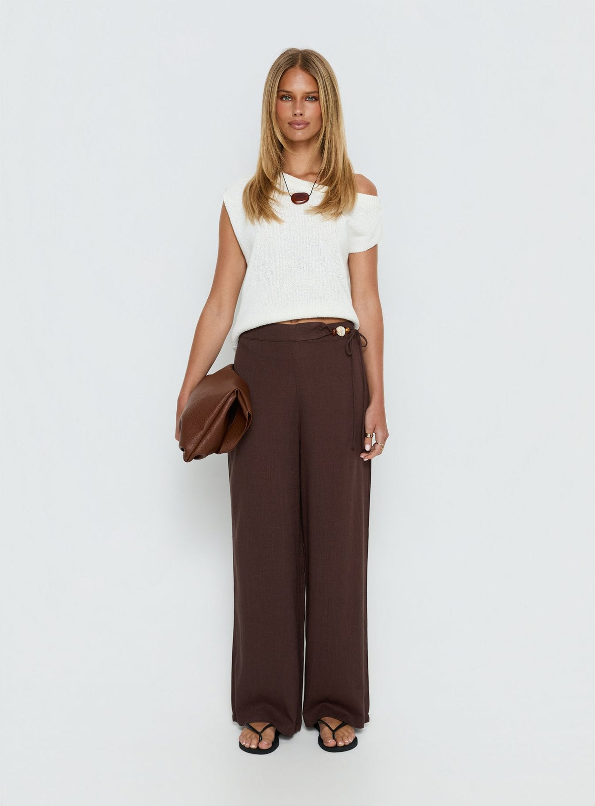 Pine For You Bead Detail Linen Pant Brown