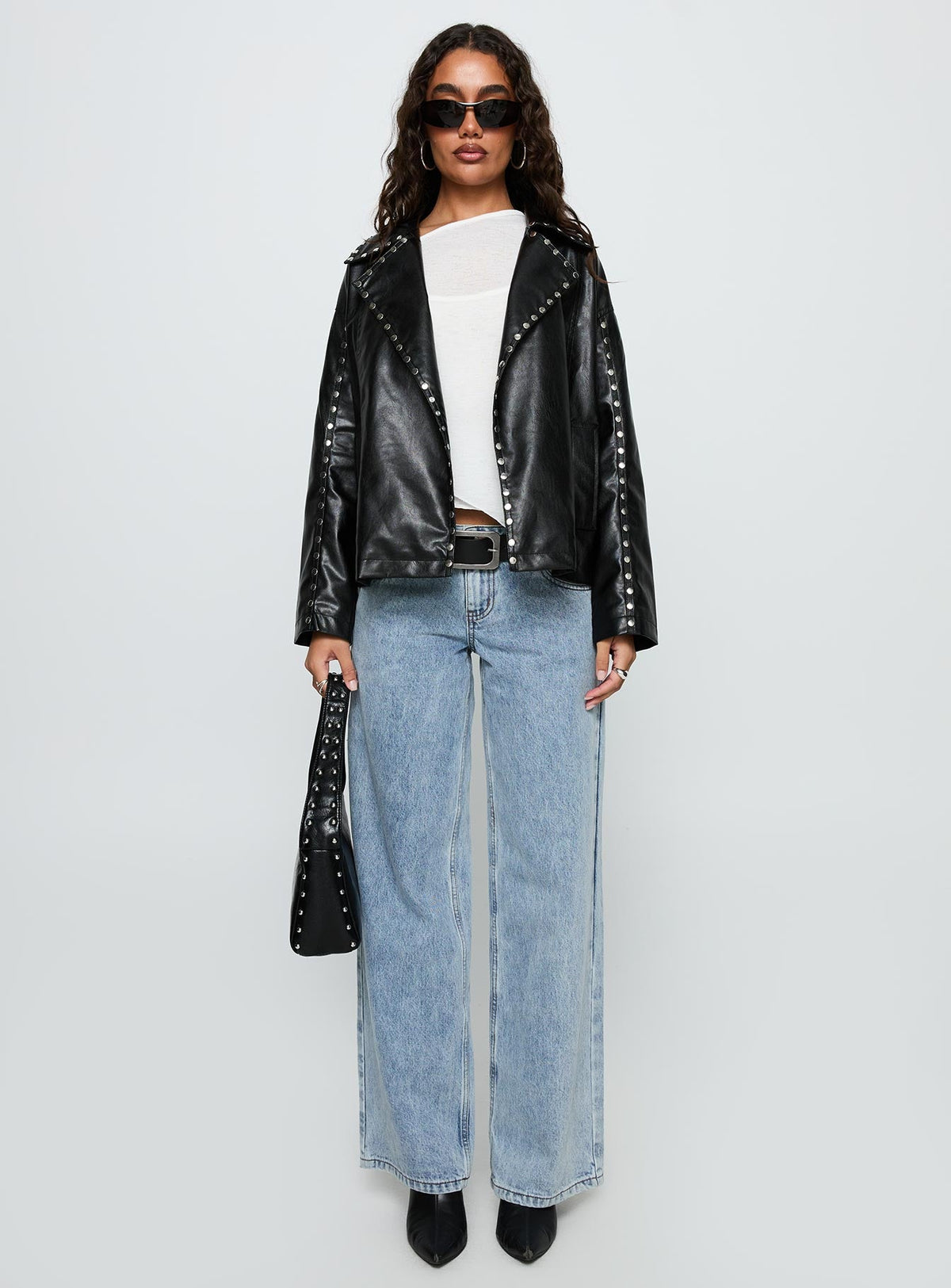 Kaeden Faux Leather Stud Detail Biker Jacket Black