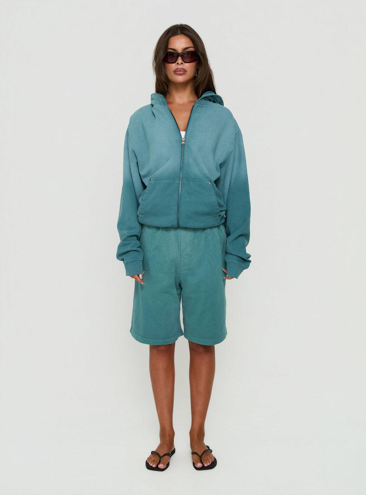 AT Zip Through Oversized Hoodie Washed Teal