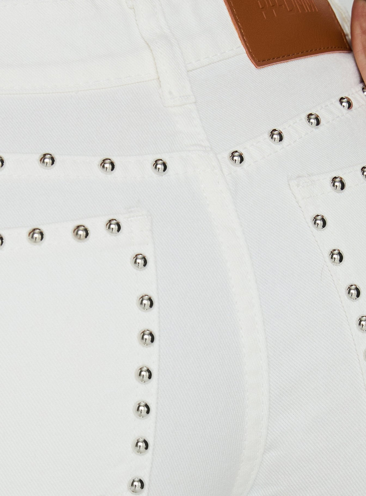 Saving Up Mid Rise Straight Leg Studded Jeans White