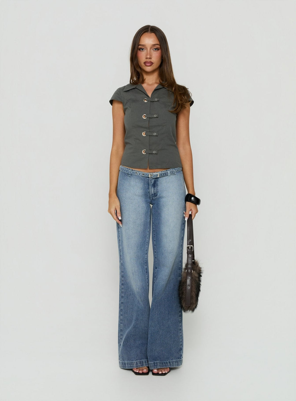 Nadiana Low Rise Belted Baggy Jeans Light Wash Blue
