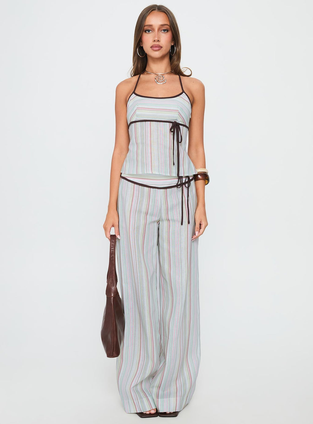 Taylar Thick Waistband Tie Pants Green Stripe