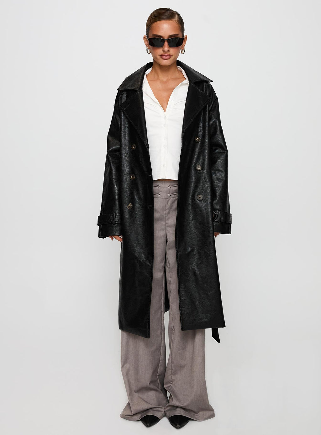 Think Later Faux Leather Trench Coat Black