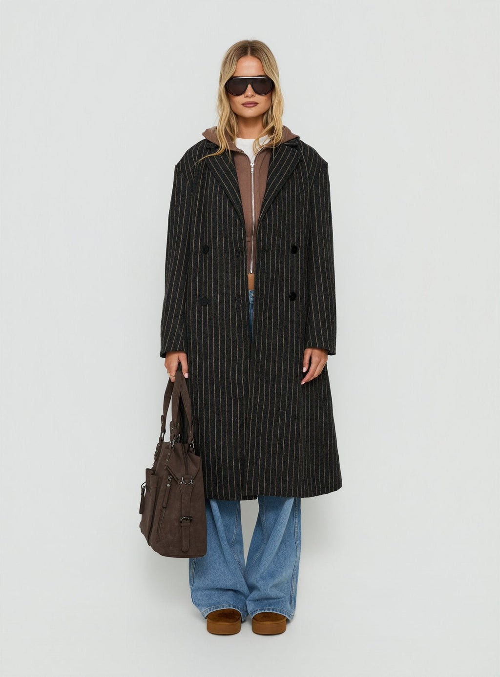 Olimpea Longline Trench Coat Black Pinstripe