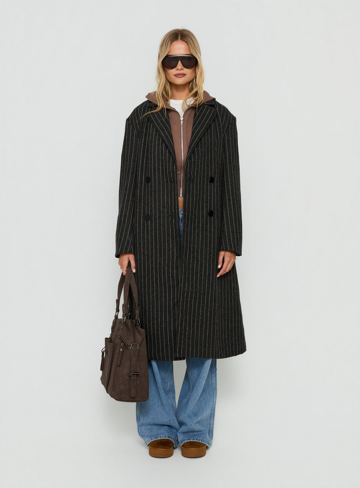 Olimpea Longline Trench Coat Black Pinstripe
