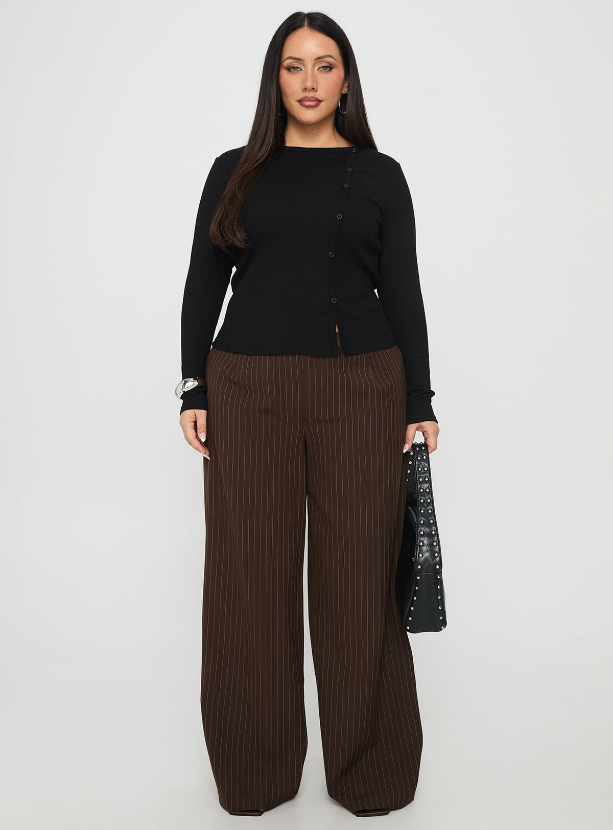 Khane Low Rise Wide Leg Pant Brown Pinstripe Curve