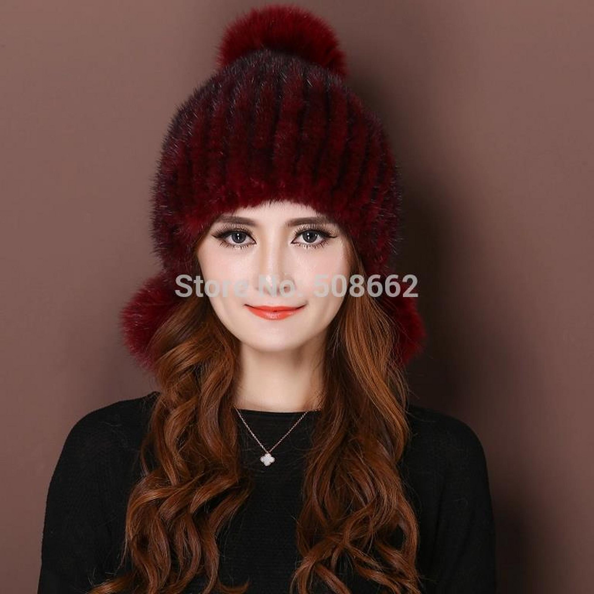 Knitted Real Mink Fur Hat Fur Cap Fox Fur Pom Pom Decoration Beanie Hat Headgear Head Warmer Headdress FS14680
