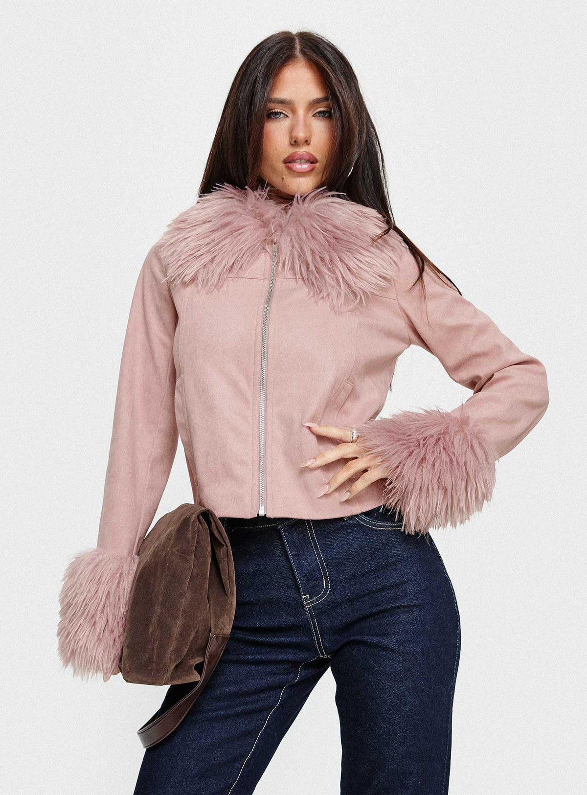 Jeanna Suede Faux Fur Detail Jacket Pink