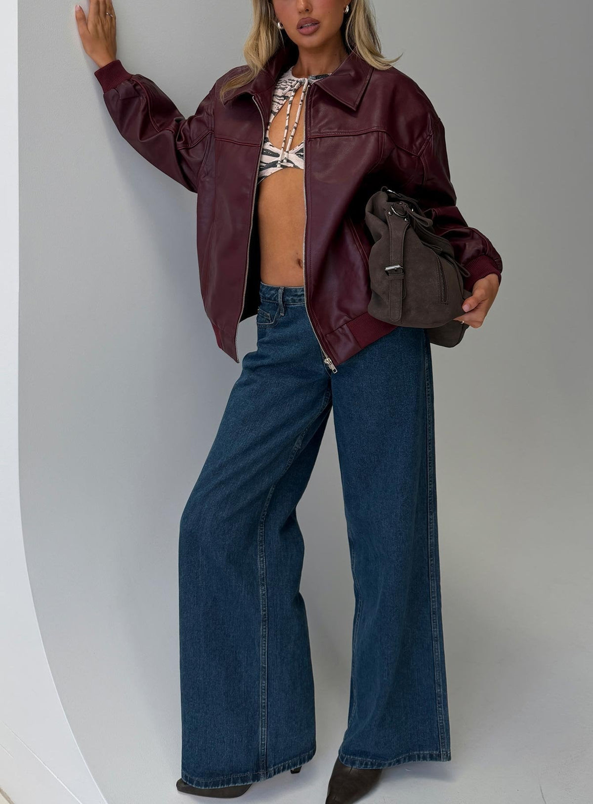 Goldsmith Faux Leather Bomber Jacket Burgundy