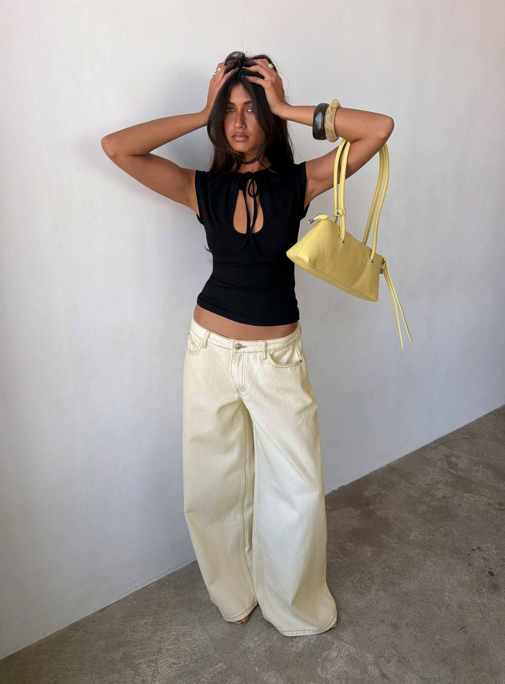 Ramos Low Rise Wide Leg Denim Jeans Cream