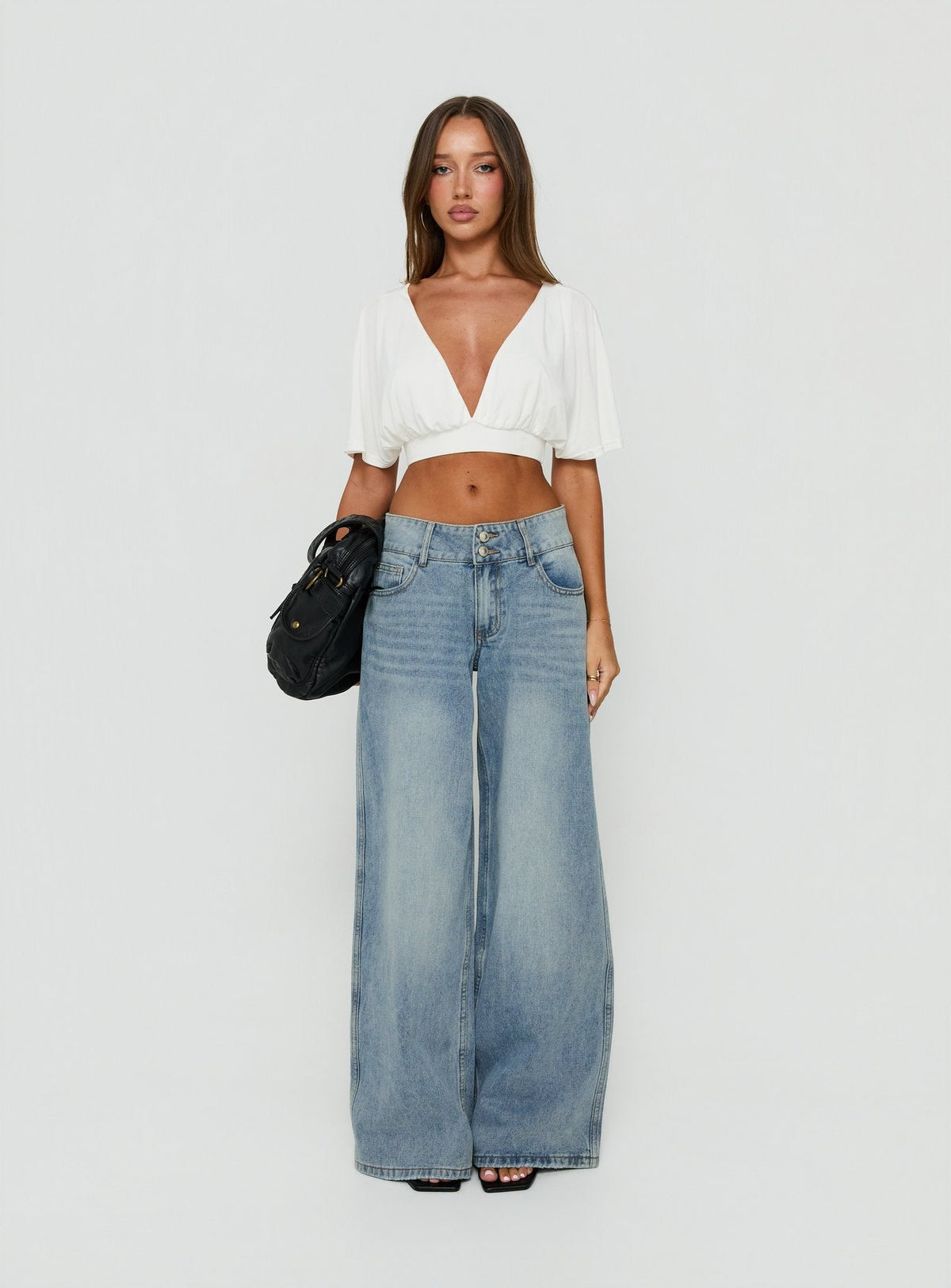 Ramos Low Rise Double Button Wide Leg Denim Jeans Light Vintage Blue