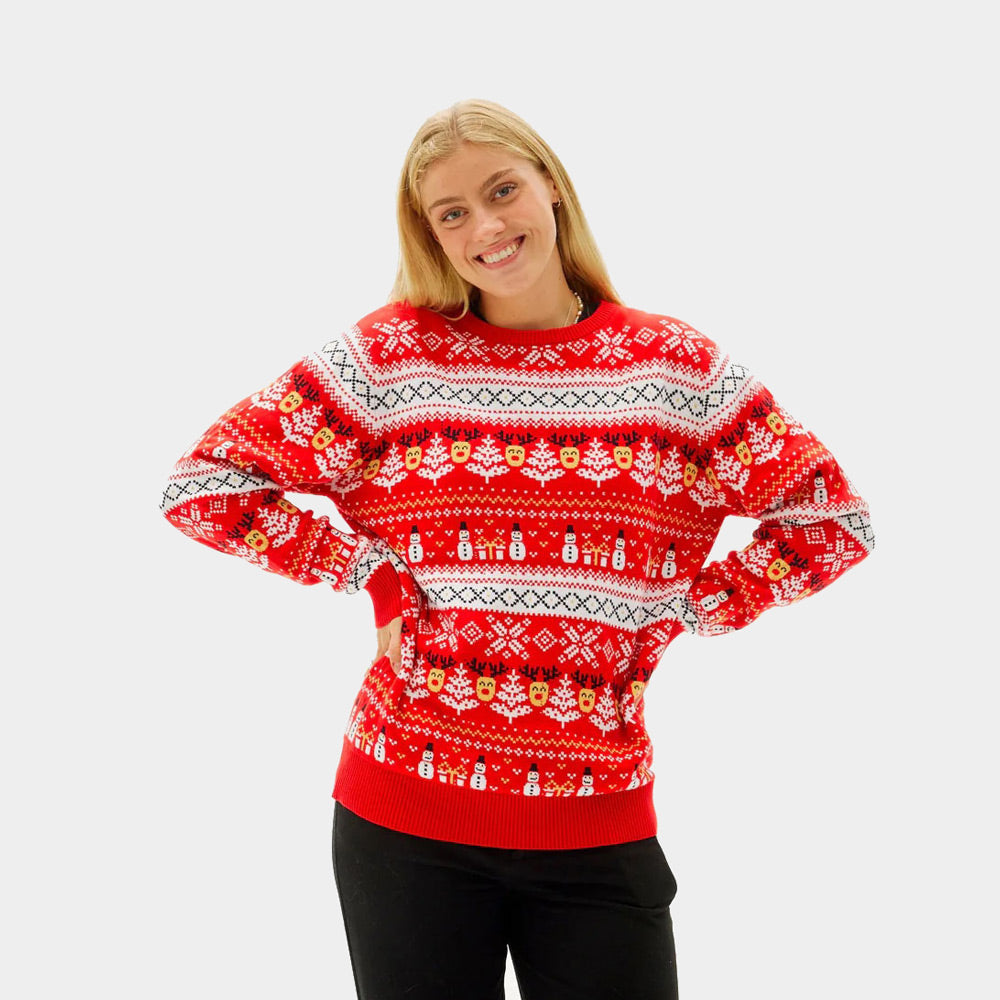 Womens Red Organic Cotton Ugly Christmas Sweater with Snowmen and Trees