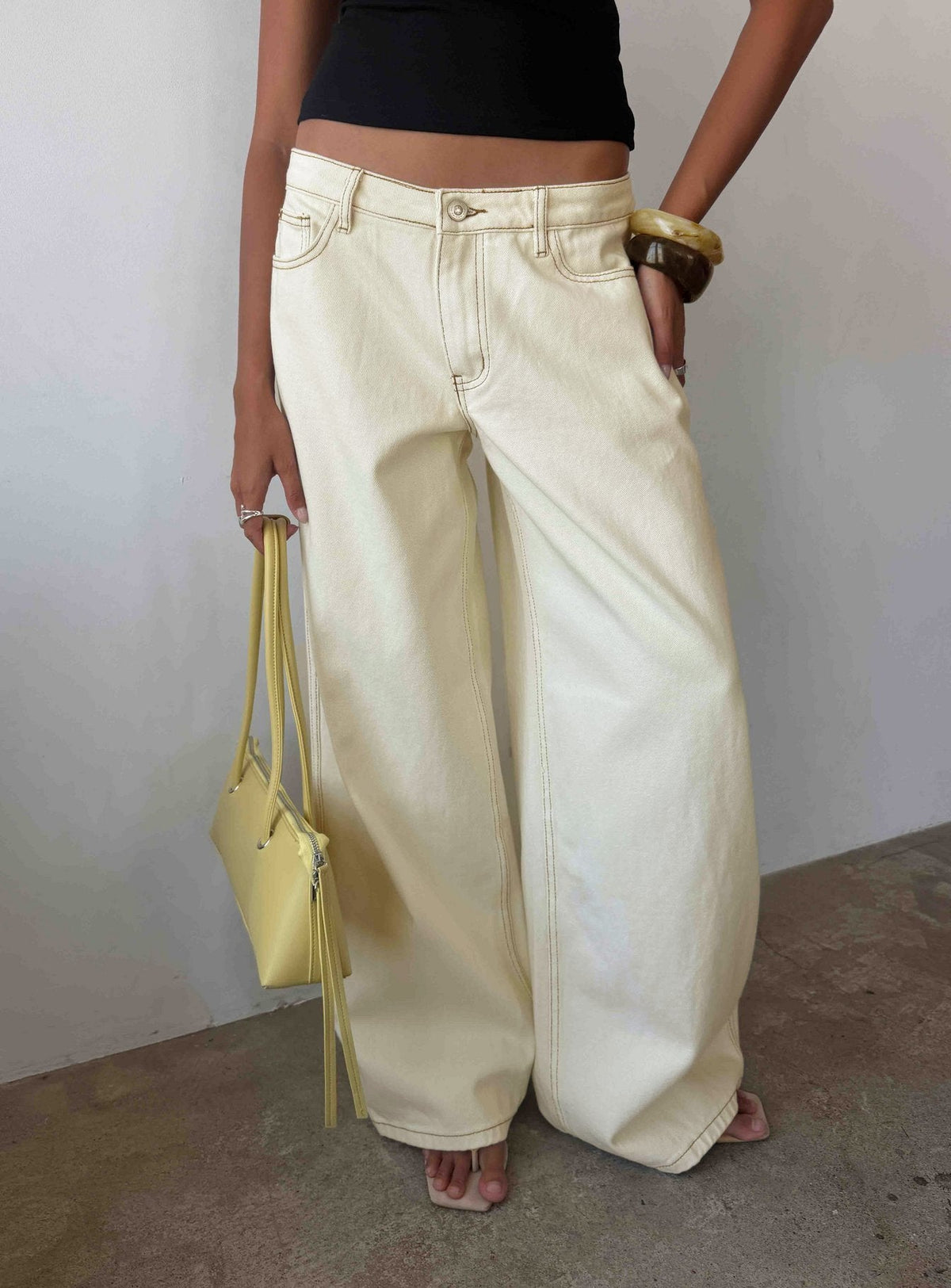 Ramos Low Rise Wide Leg Denim Jeans Cream
