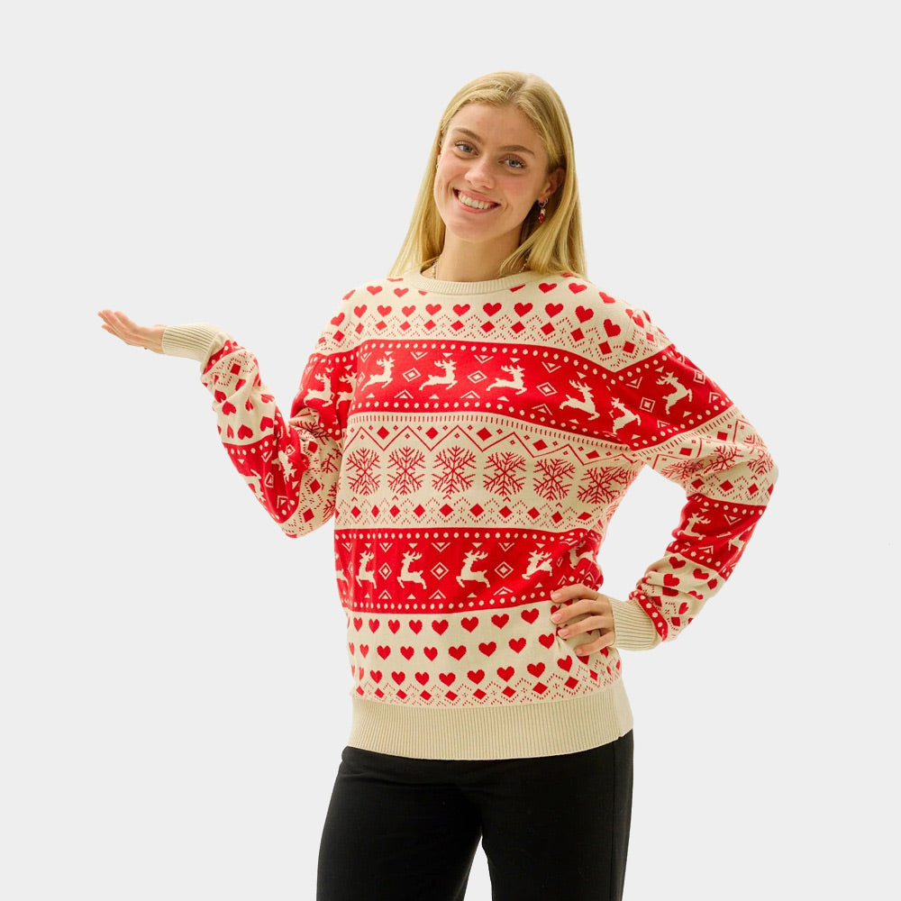Womens Red & Beige Organic Cotton Ugly Christmas Sweater with Hearts