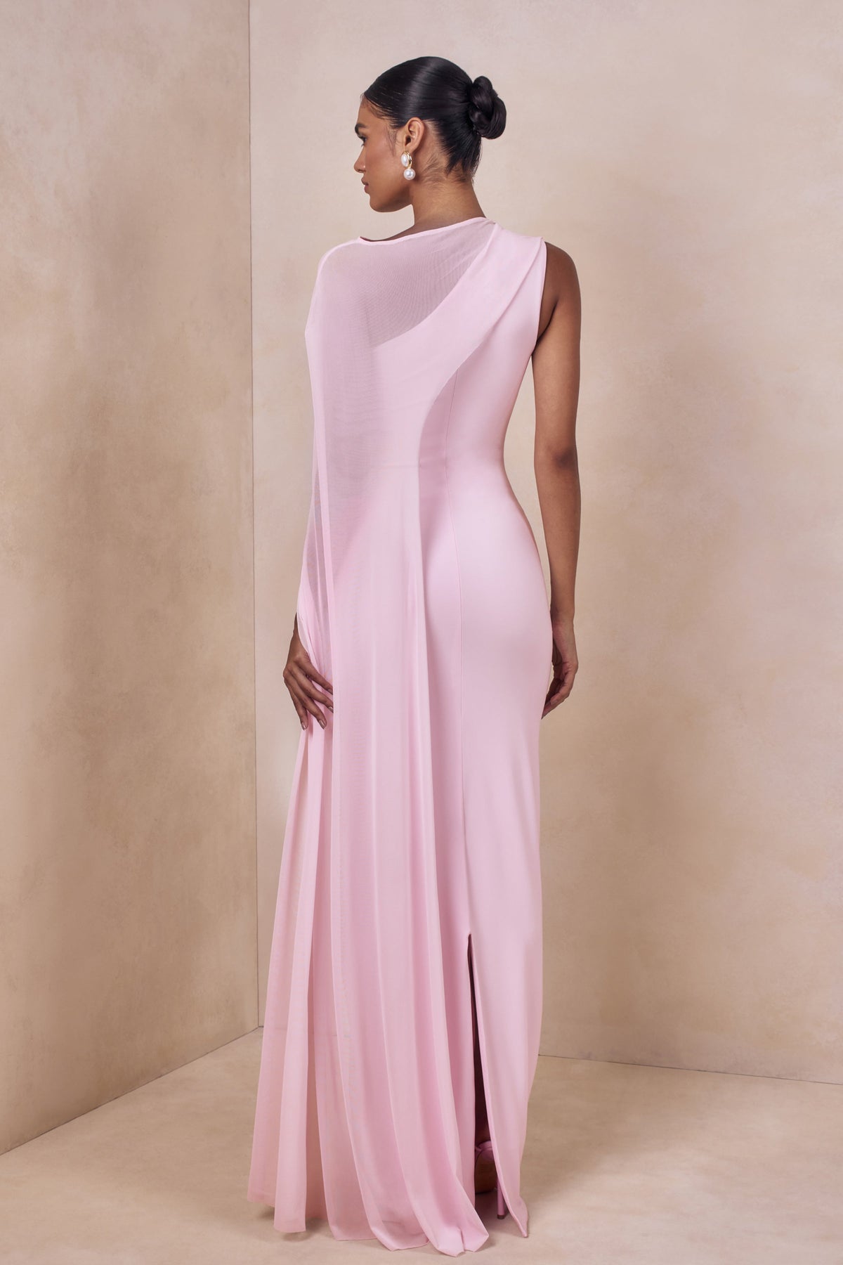 Mirelle | Light Pink Jersey Boat Neck Maxi Dress With Mesh Cape And Back Split