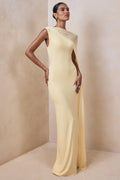 Mirelle | Lemon Jersey Boat Neck Maxi Dress With Mesh Cape And Back Split