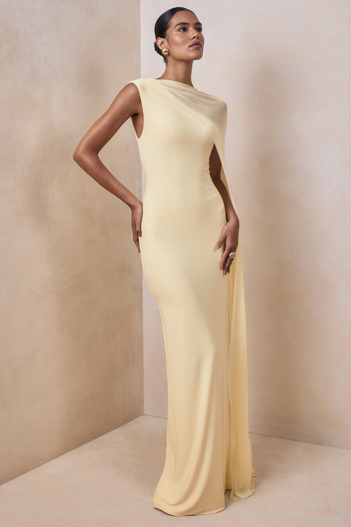 Mirelle | Lemon Jersey Boat Neck Maxi Dress With Mesh Cape And Back Split