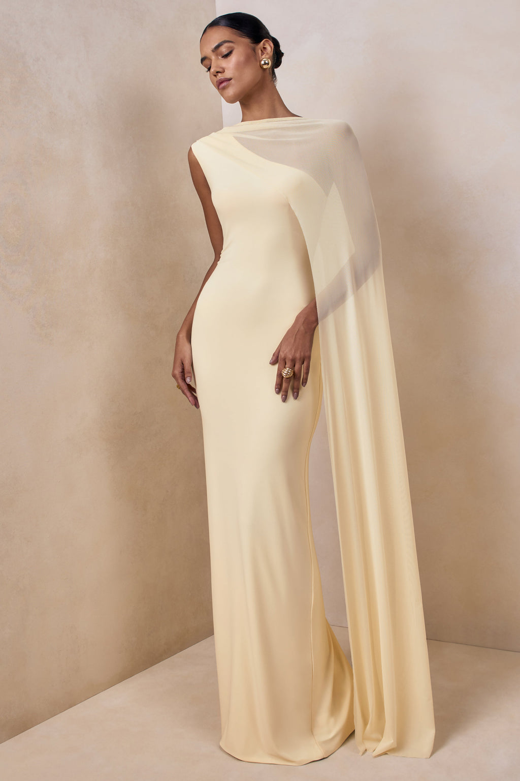Mirelle | Lemon Jersey Boat Neck Maxi Dress With Mesh Cape And Back Split