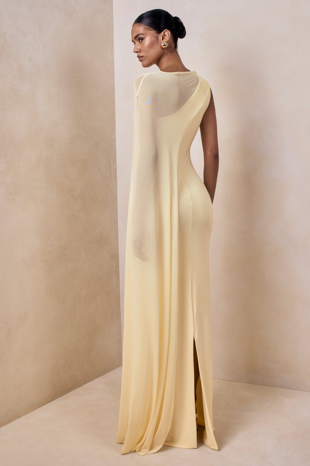 Mirelle | Lemon Jersey Boat Neck Maxi Dress With Mesh Cape And Back Split