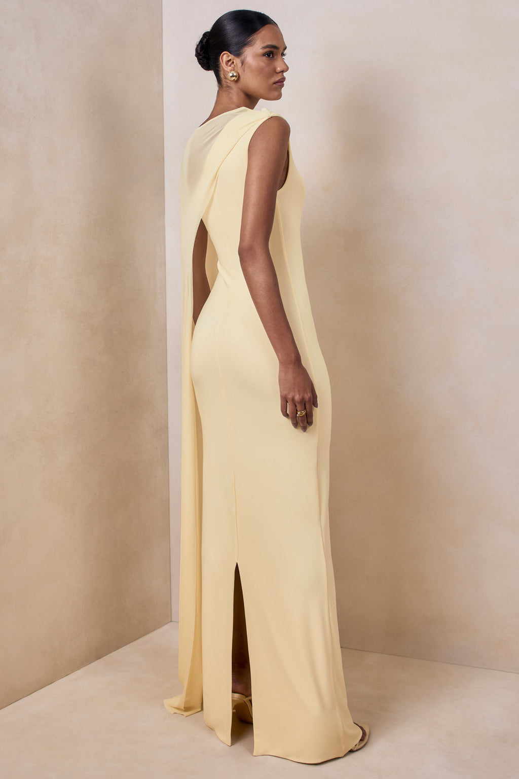 Mirelle | Lemon Jersey Boat Neck Maxi Dress With Mesh Cape And Back Split